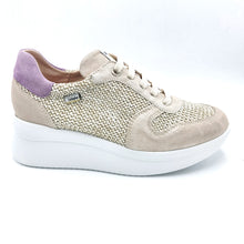 Carica l'immagine nel visualizzatore di Gallery, Callaghan 30031 beige sneakers donna stringatacon tomaia in raffia e con riporti in pelle scamosciata