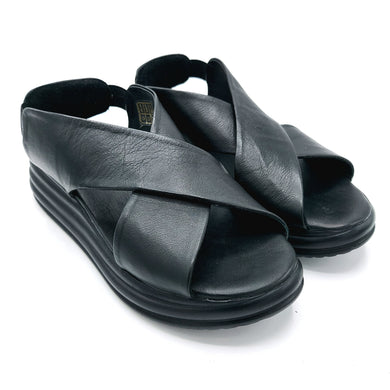 Bueno WY5703 nero sandalo incrociato in pelle con elastico posteriore e zeppa di 5 cm