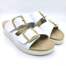 Carica l'immagine nel visualizzatore di Gallery, Enval 1288111 bianco ciabatta in pelle con doppia fibbia decorate da strass regolabile.