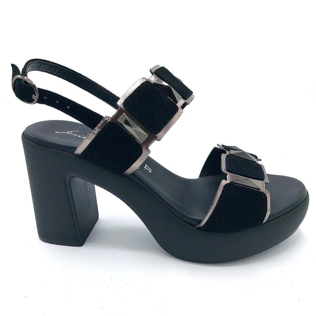 Fascino donna 73250 nero sandalo donna con plateau e tacco largo impreziosito da applicazioni metalliche in tinta