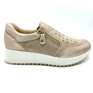 Enval 5772733 champagne sneakers donna in camoscio con strass e tomaia traforata con zip laterale