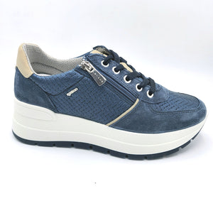 Igi&co 5663700 blu sneakers donna con zip e lacci in pelle effeto intrecciato e camoscio