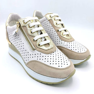 Valleverde 36421 beige sneaker donna in pelle traforata con zip laterale e lacci regolabili