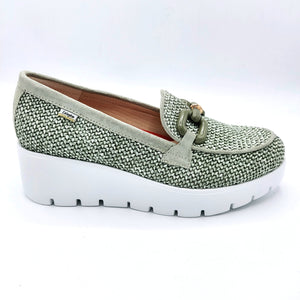 Callaghan 32111 verde mocassino donna in raffia con riporti in pelle scamosciata e zeppa di 5,5 cm