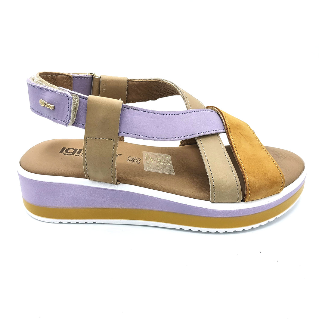 Igi&co 5685322 senape sandalo donna con zeppa , con tomaia incrociata multicolor lilla, senape e tortora