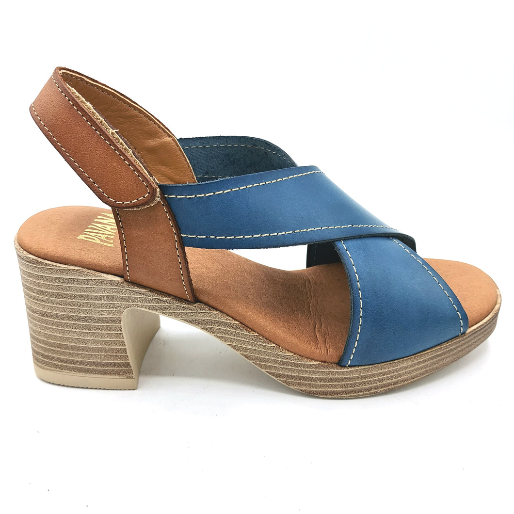 Pavana BISSAN blu sandalo incrociato in pelle co tacco di 7 cm e plateau di 1,5 cm