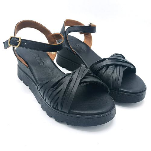 Bueno WY8609 nero sandali in pelle con braccialetto e zeppa di 6,5 cm