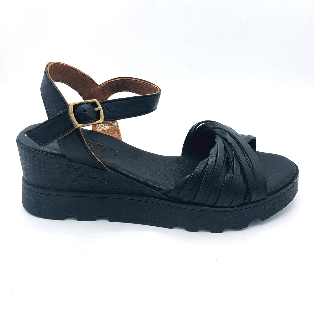 Bueno WY8609 nero sandali in pelle con braccialetto e zeppa di 6,5 cm