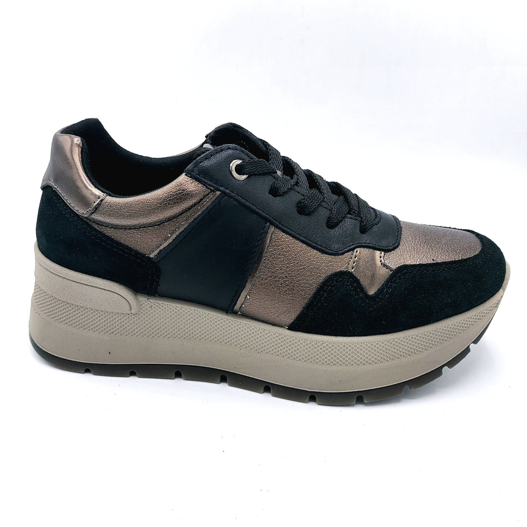 Igi&co 6675400 nero bronzo sneakers donna stringata in pelle e camoscio con soletta estraibile e zeppa alta di 6 cm