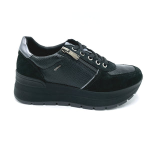 Igieco 6675200 nero sneakers donna con lacci e cerniera in pelle stampata e camoscio, con plantare estraibile e zeppa di 5,5 cm