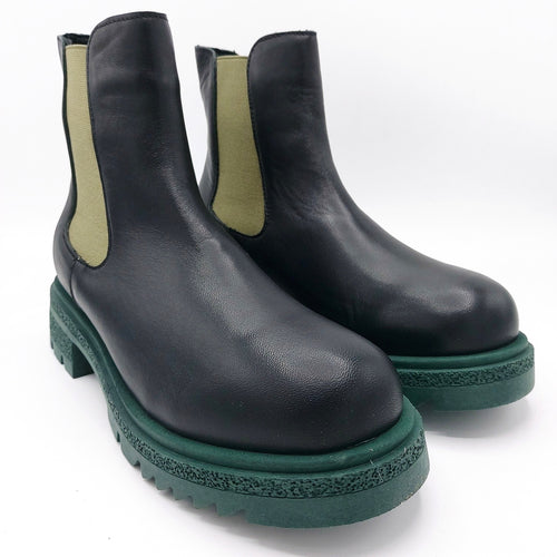 Bueno WZ1403 nero verde stivaletto donna modello beatles in pelle con elastici e suola a contrasto