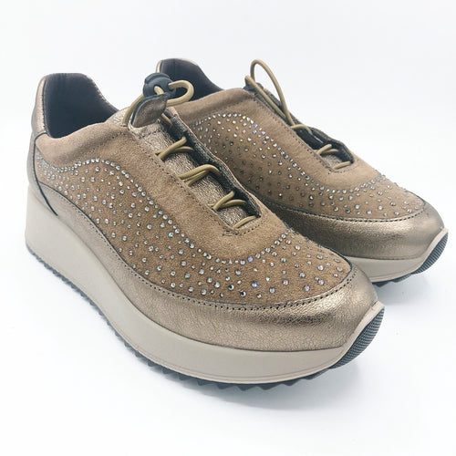 Enval 4774744 tortora sneakers slip on in pelle scamosciata con rifiniture in pelle laminata e con strass decorativi