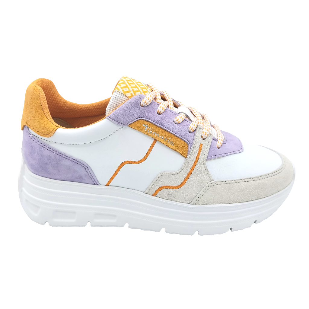 Tamaris 1-23710-44 bianco arancio e lilla sneakers donna in pelle stringata con soletta estraibile in memory foam