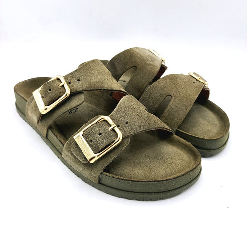 Tamaris 1-27500-44 olive ciabatta in pelle scamosciata con doppia fibbia di regolazione