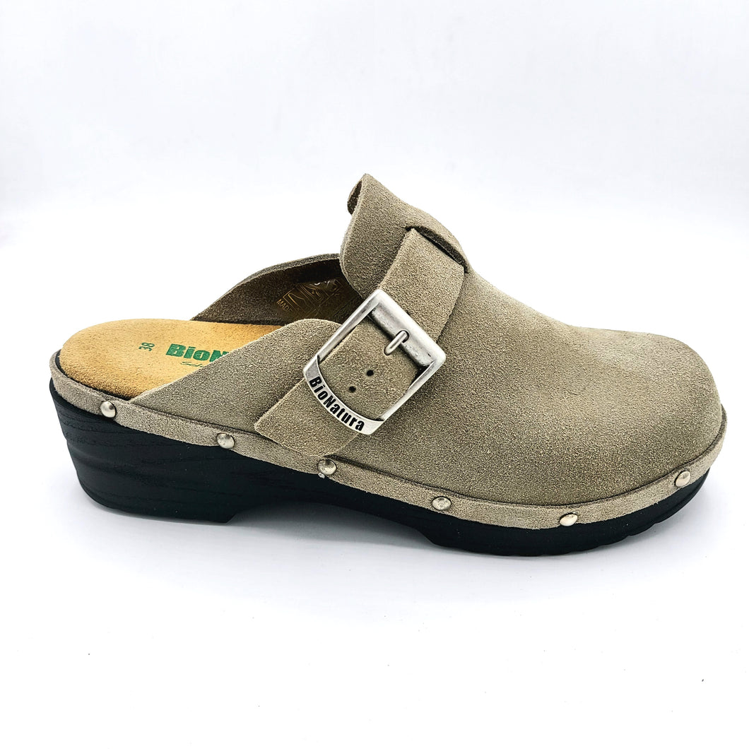 Bionatura 77Vegas taupe sabot a zoccolo in pelle scamosciata con sottopiede imbottito in pelle scamosciata