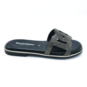 Valleverde 32030 nero ciabatta donna con tomaia decorata di strass e sottopiede imbottito in pelle