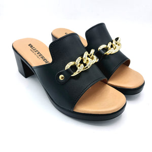 Valleverde 55450 nero ciabatta con tacco 6 cm e catena decorativa frontale