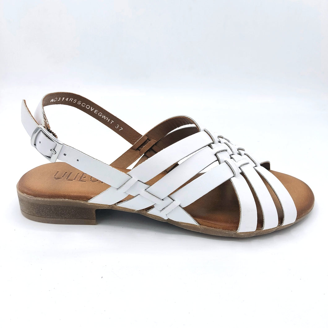 Vueva WD314R56 bianco sandalo piatto in pelle con fasce incrociate e cinturino regolabile posteriore
