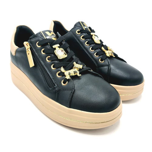 Valleverde 35492 nero sneakers donna stringata e con zip laterale, dotata di decorazioni removibili 