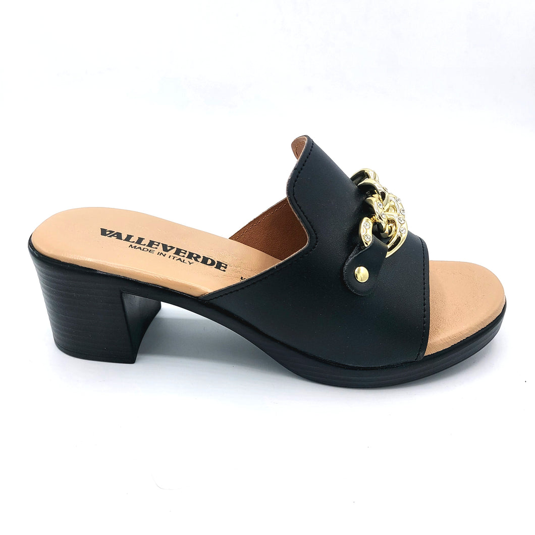 Valleverde 55450 nero ciabatta con tacco 6 cm e catena decorativa frontale