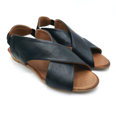 Bueno WL2408 nero sandalo donna incrociato in pelle con zeppa ba di 2 cm