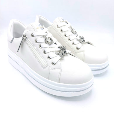 Valleverde 35492 bianco sneakers donna stringata e con zip laterale, dotata di decorazioni removibili 
