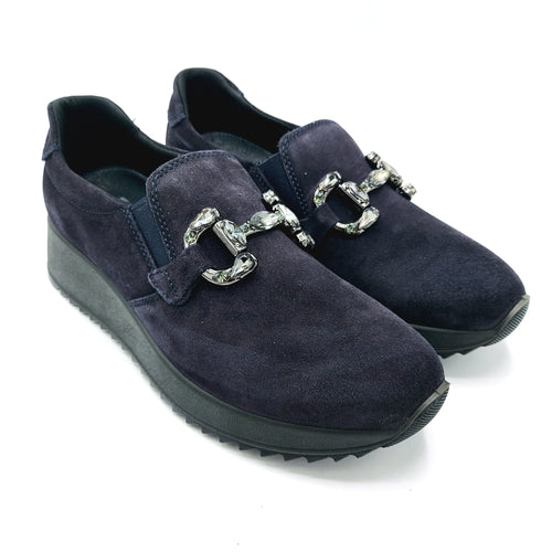 Enval 8779122 blu mocassino donna in pelle scamosciata con morsetto decorativo frontale