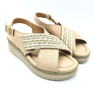 Valleverde 32105 beige sandalo incrociato con zeppa 5 cm e sottopiede imbottito in pelle