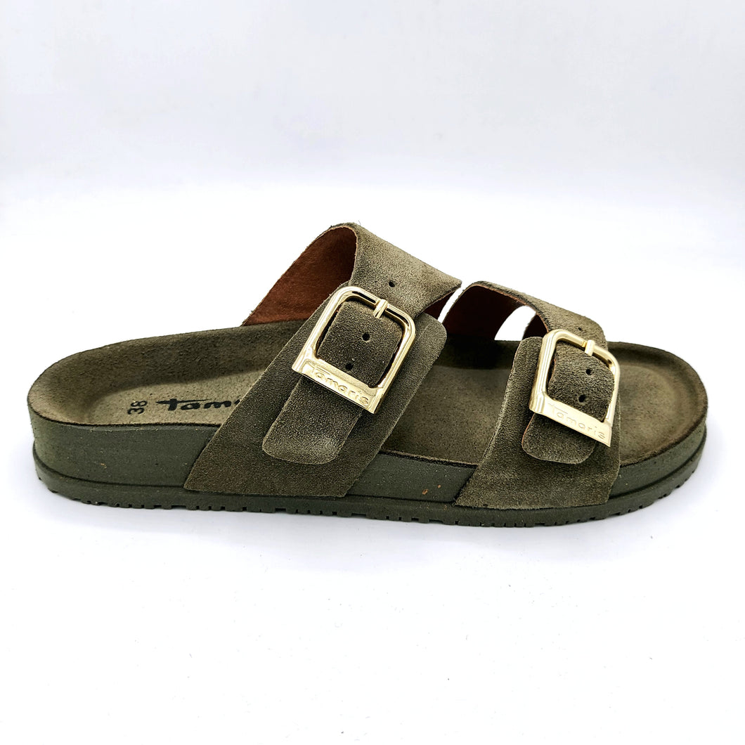 Tamaris 1-27500-44 olive ciabatta in pelle scamosciata con doppia fibbia di regolazione