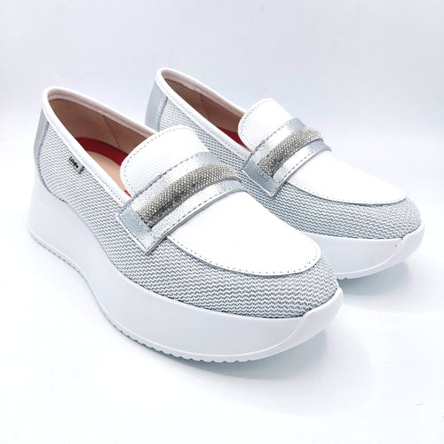 Callaghan 60303 bianco mocassino in pelle e tessuto glitterato con decorazione di strass