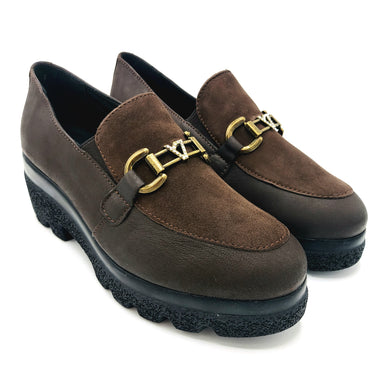 Valleverde VR101F marrone mocassino in pelle e pelle scamosciata con zeppa di 5,5 cm e morsetto oro