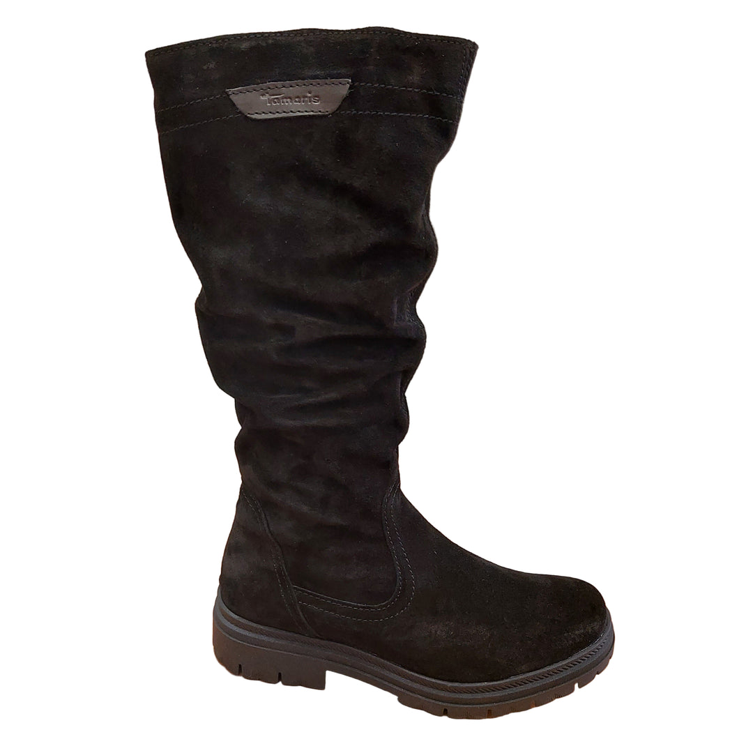 Tamaris 1-25606-45 nero stivale basso in pelle scamosciata con gambale arricciato