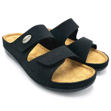 Carica l'immagine nel visualizzatore di Gallery, Tamaris 1-27510-41 nero ciabatta donna in pelle con doppia fascia con chiusura con velcro
