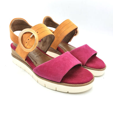 Tamaris 1-28206-42 fuxia arancione sandalo donna in pelle scamosciata con zeppa di 4,5 cm e chiusura con velcro