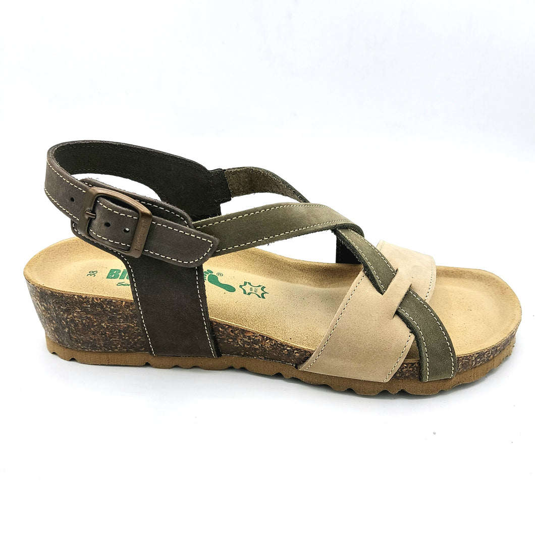 Bionatura 12A826 m2401 beige verde e testa di moro sandalo basso con tomaia in nabuk e sottopiede in pelle