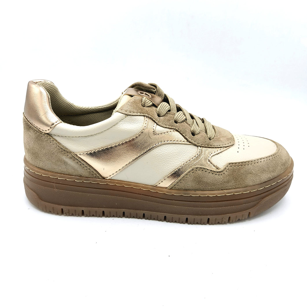Tamaris 1-23717-45 beige sneakers stringata donna in pelle scamosciata e pelle con riporti oro