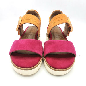 Tamaris 1-28206-42 fuxia arancione sandalo donna in pelle scamosciata con zeppa di 4,5 cm e chiusura con velcro