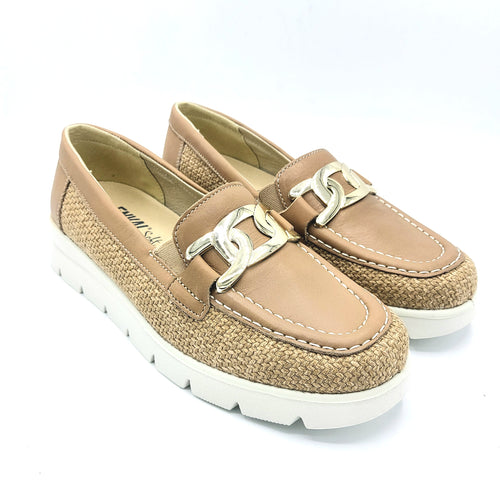 Enval 7750311 camel mocassino donna in pelle e tessuto con soletta estraibile in memory foam