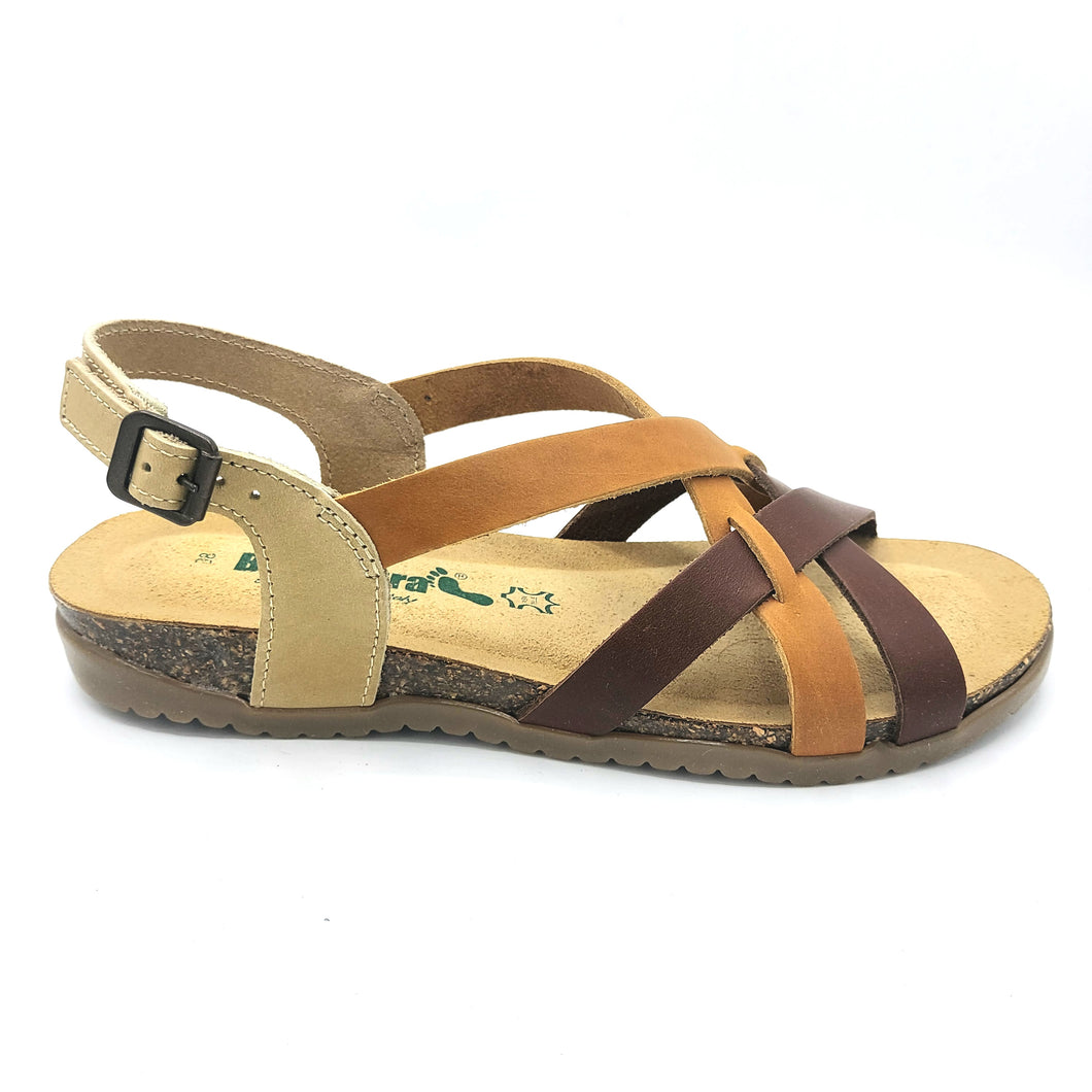 BioNatura 34A2168 M2403 ocra marrone e beige sandalo basso in pelle con fasce incrociate e cinturino posteriore