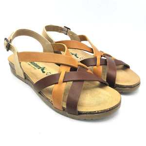BioNatura 34A2168 M2403 ocra marrone e beige sandalo basso in pelle con fasce incrociate e cinturino posteriore