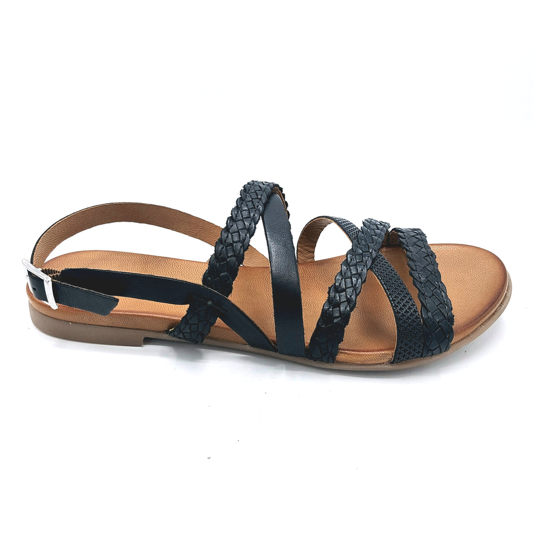 Vueva WD133R89 nero sandalo basso in pelle con fasce incrociate e cinturino regolabile posteriore