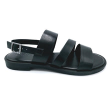 Carica l'immagine nel visualizzatore di Gallery, Vueva WD425R03 nero sandalo basso in pelle con tripla fascia centrale e cinturino posteriore
