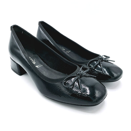 Tamaris 1-22301-43 nero decollete vegan n vernice con tacco largo di 3,5 cm e fiocchetto decorativo