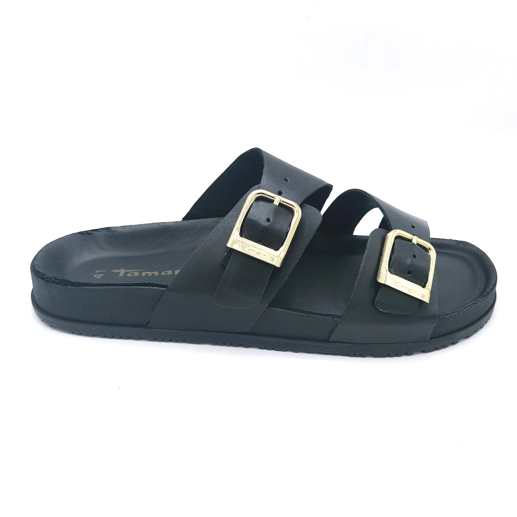 Tamaris 1-27500-44 nero ciabatta in pelle con doppia fibbia regolabile e sottopiede imbottito