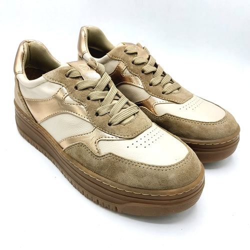 Tamaris 1-23717-45 beige sneakers stringata donna in pelle scamosciata e pelle con riporti oro