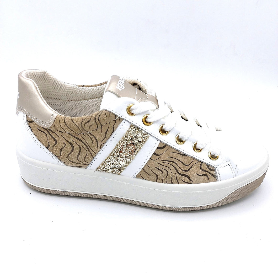 Igi&co 1659311 bianco sabbia sneakers donna con riporti in pelle scamosciata con fantasia animalier