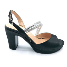 Carica l&#39;immagine nel visualizzatore di Gallery, Marika Niky2800 nero in raso sandalo elegante donna con strass. Tacco 9 cm e plateau di 2 cm
