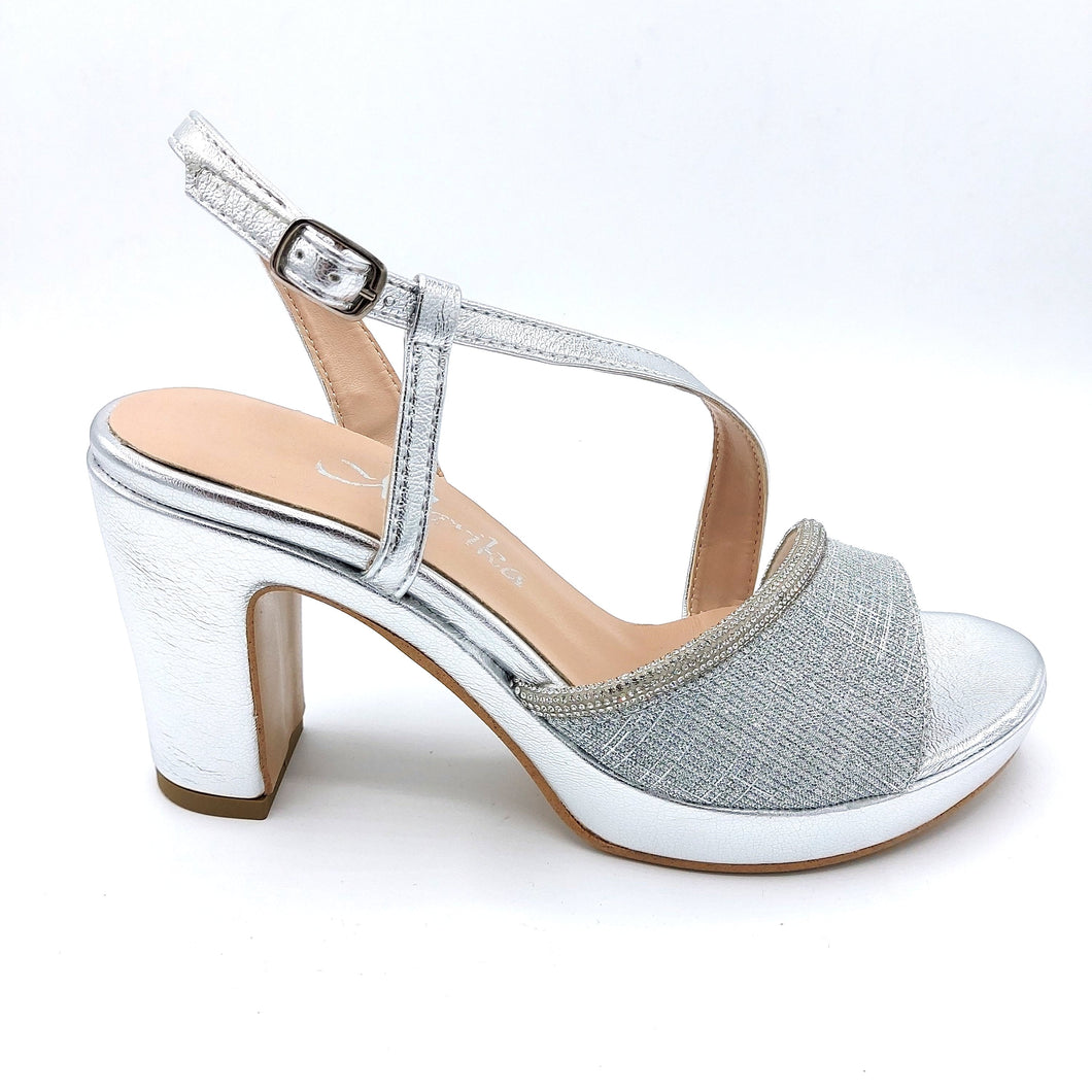 Marika Niky2803 argento sandalo elegante in glitter con riporti in strass. Tcco 9 cm e plateau di 2 cm