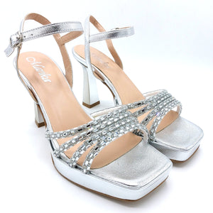 Marika BE1000 argento sandalo donna elegante con strass. Tacco 10 cm e plateau 2 cm