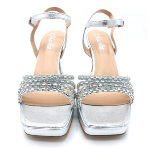 Marika BE1000 argento sandalo donna elegante con strass. Tacco 10 cm e plateau 2 cm